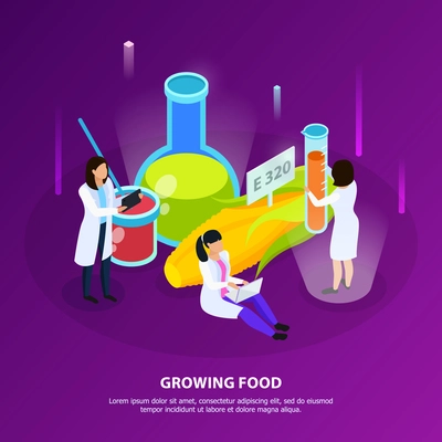 Artificial nutrition products isometric composition with scientists during growing of food on purple background vector illustration
