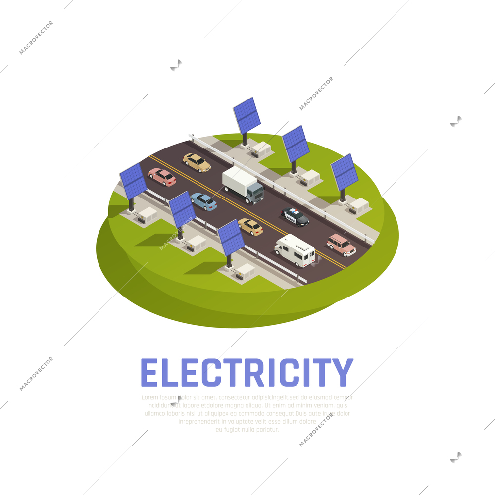 Electricity concept with solar batteries cars and motorway isometric vector illustration