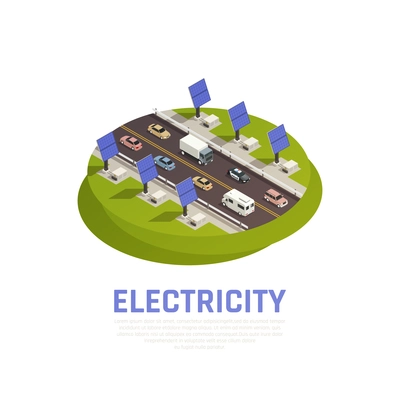 Electricity concept with solar batteries cars and motorway isometric vector illustration