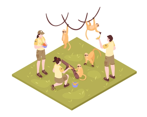 Isometric zoo workers composition on white background with tropical monkeys and group of zoo keeper characters vector illustration