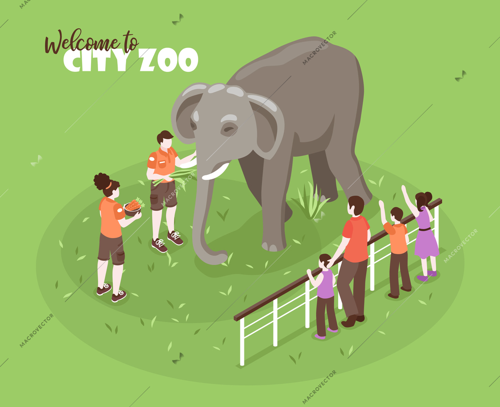 Isometric zoo workers color background with editable text and human characters with kids and big elephant vector illustration