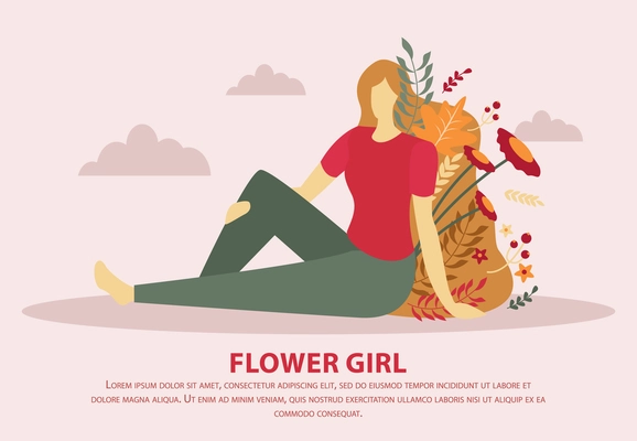 Beauty of nature girl with flowers in hair flat composition on beige background with clouds vector illustration