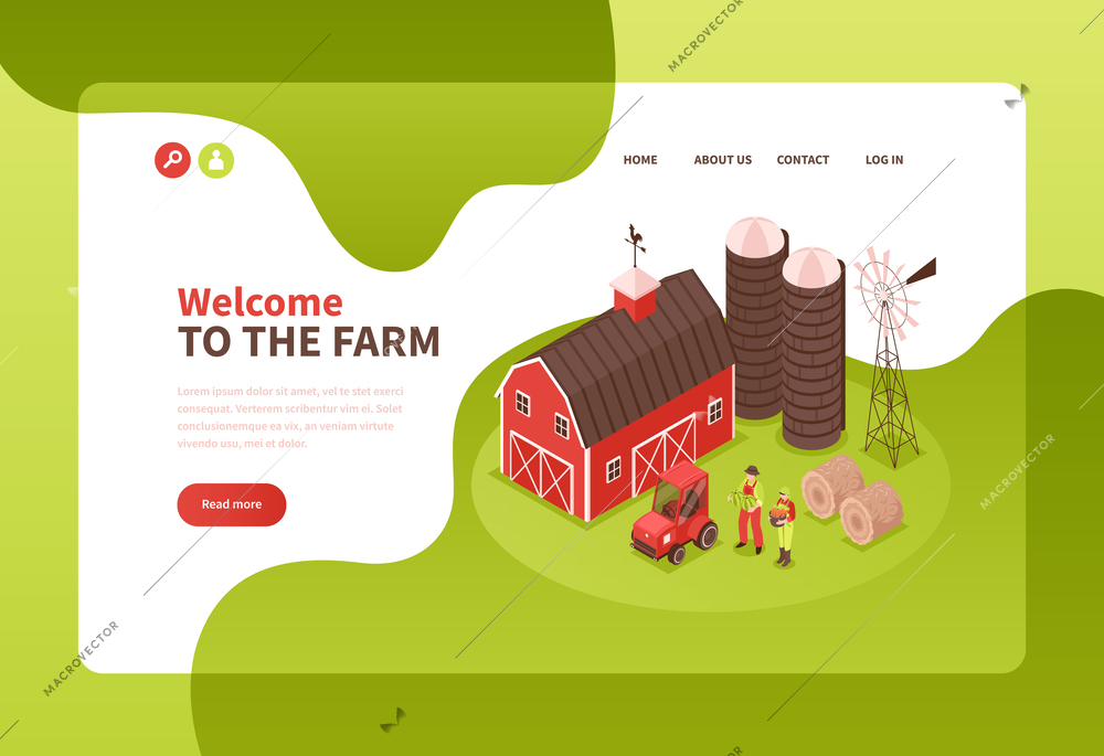 Isometric farm concept banner with landing page elements clickable text links read more button and pictures vector illustration