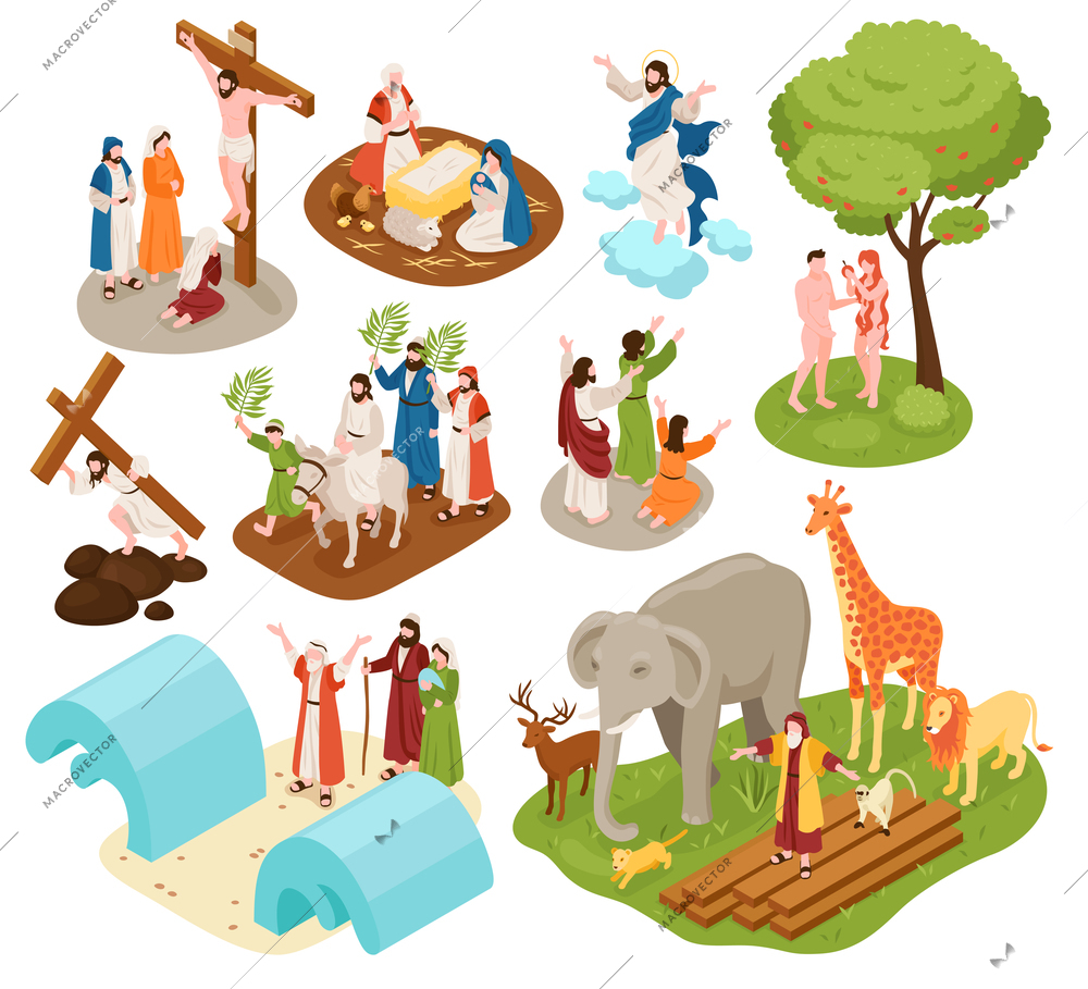 Isometric bible narratives set with ancient christian characters of noah with animals adam eve jesus christ vector illustration