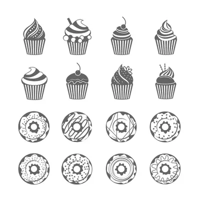 Food sweets  donut with glaze and cupcake with cream black icons set isolated vector illustration