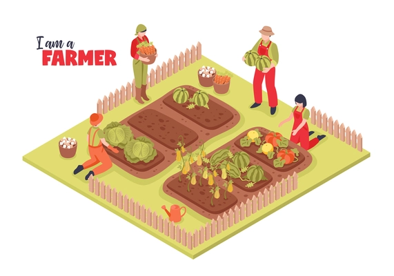 Isometric farm garden background composition with group of human characters in farmstead with plants and text vector illustration