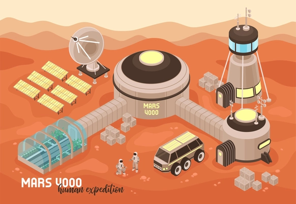 Isometric mars colonization landscape composition with text and martian terrain with extraterrestrial base buildings and people vector illustration