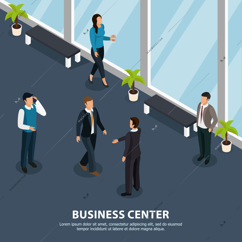 People during various activity in hallway of business center isometric vector illustration