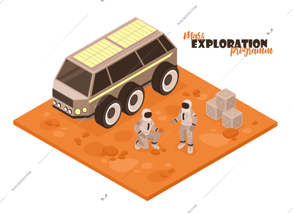 Isometric mars colonization composition on white background with piece of terrain rover car and astronaut characters vector illustration