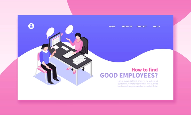 Isometric job search recruitment horizontal banner composition with website page design clickable links and human characters vector illustration