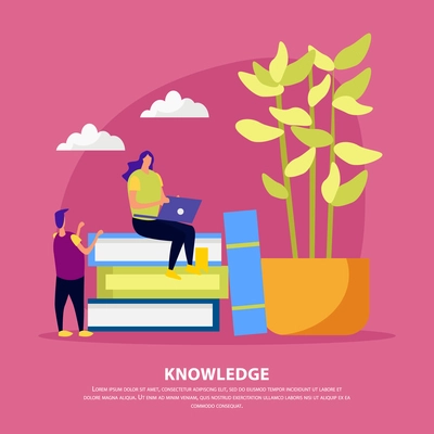 Library of knowledge flat composition human characters near pile of books on pink background vector illustration