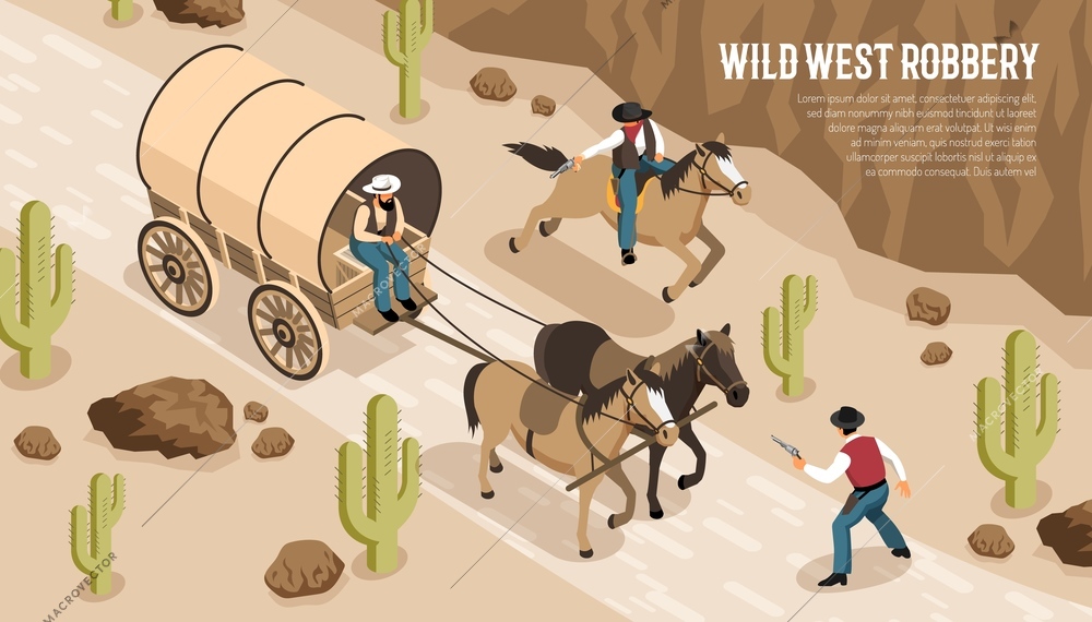 Cowboys in wagon and on horseback during wild west robbery at prairie isometric horizontal vector illustration