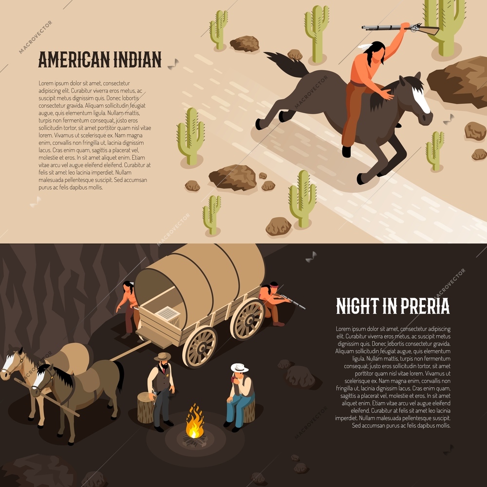 Wild west isometric banners with american indian on horseback and cowboys near camp fire isolated vector illustration
