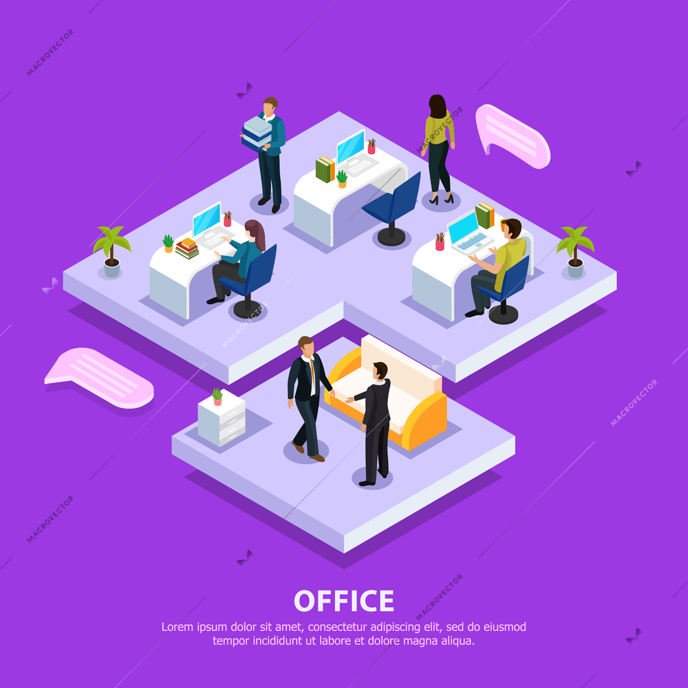 Office staff at work places and during business meeting isometric composition on purple background vector illustration