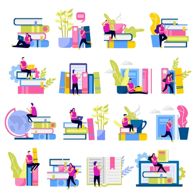 Library set of flat icons human characters with electronic devices and stacks of books isolated vector illustration