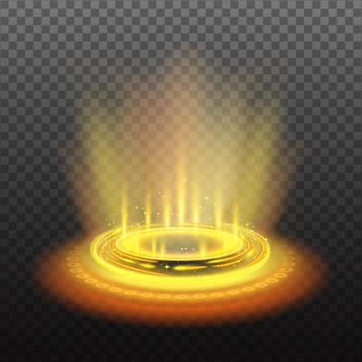 Realistic circular magic portal with yellow light streams and sparkles on dark transparent background vector illustration