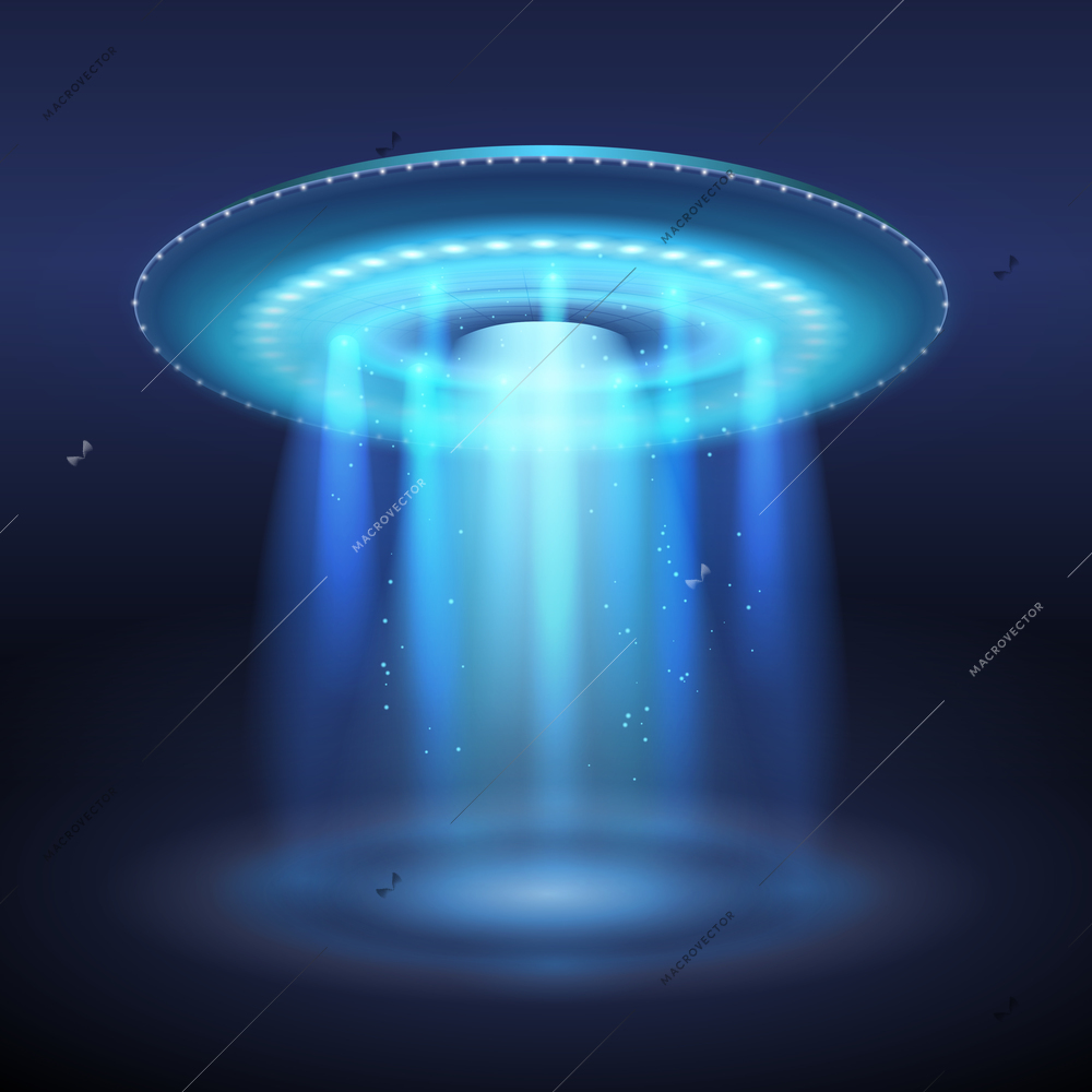 Illuminated ufo space ship with blue light portal on dark background realistic vector illustration