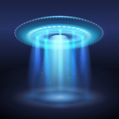 Illuminated ufo space ship with blue light portal on dark background realistic vector illustration