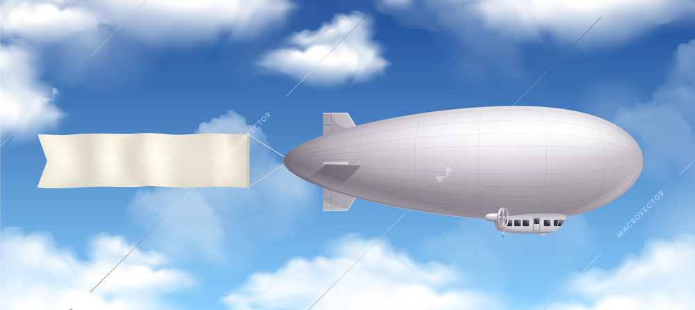 Dirigible airship realistic composition with banner and clouds in the sky vector illustration