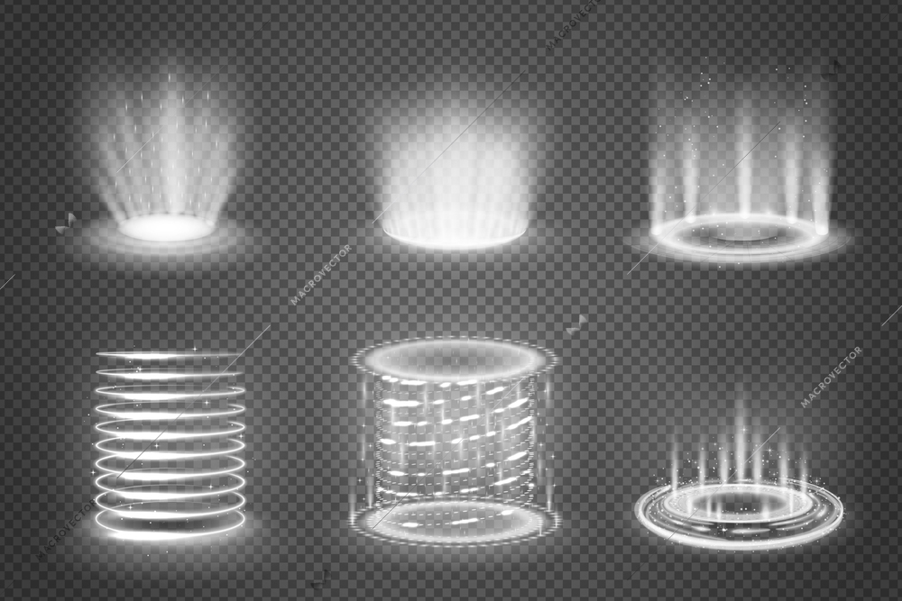 Set of realistic monochrome magic portals with light effects on transparent background isolated vector illustration