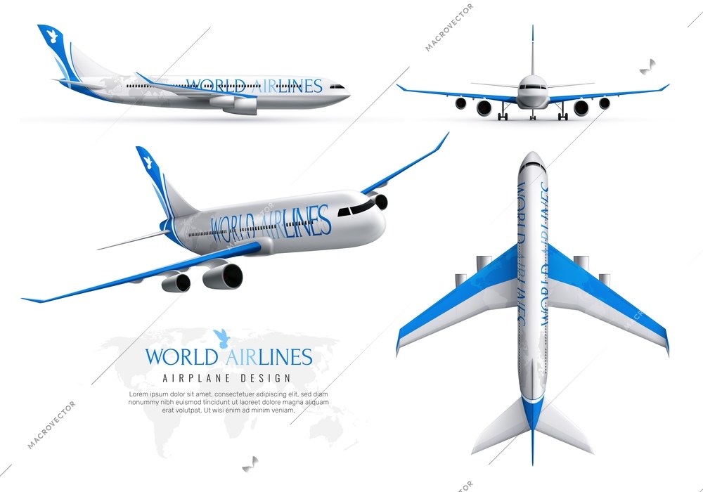 Airplane design realistic identity set of world airlines in various views isolated vector illustration