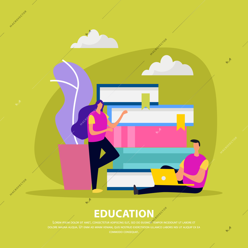 Education flat composition with library books human characters with electronic device on olive background vector illustration