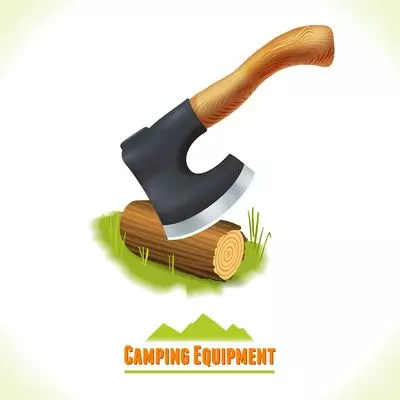 Camping summer outdoor activity concept equipment axe and log symbol vector illustration.