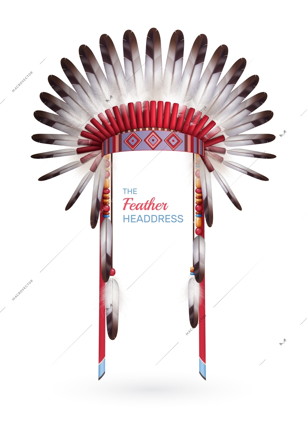 Traditional indian embroidered headdress of native american made with feathers isolated on white background realistic vector illustration