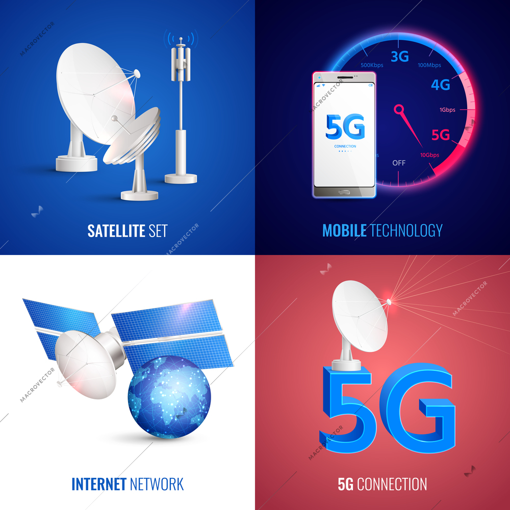 Futuristic mobile technology 2x2 design concept with satellite set internet network  and 5g connection square icons realistic vector illustration