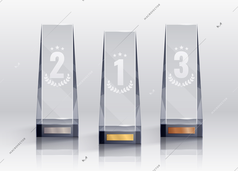 Trophies realistic set with first second and third places symbols isolated vector illustration