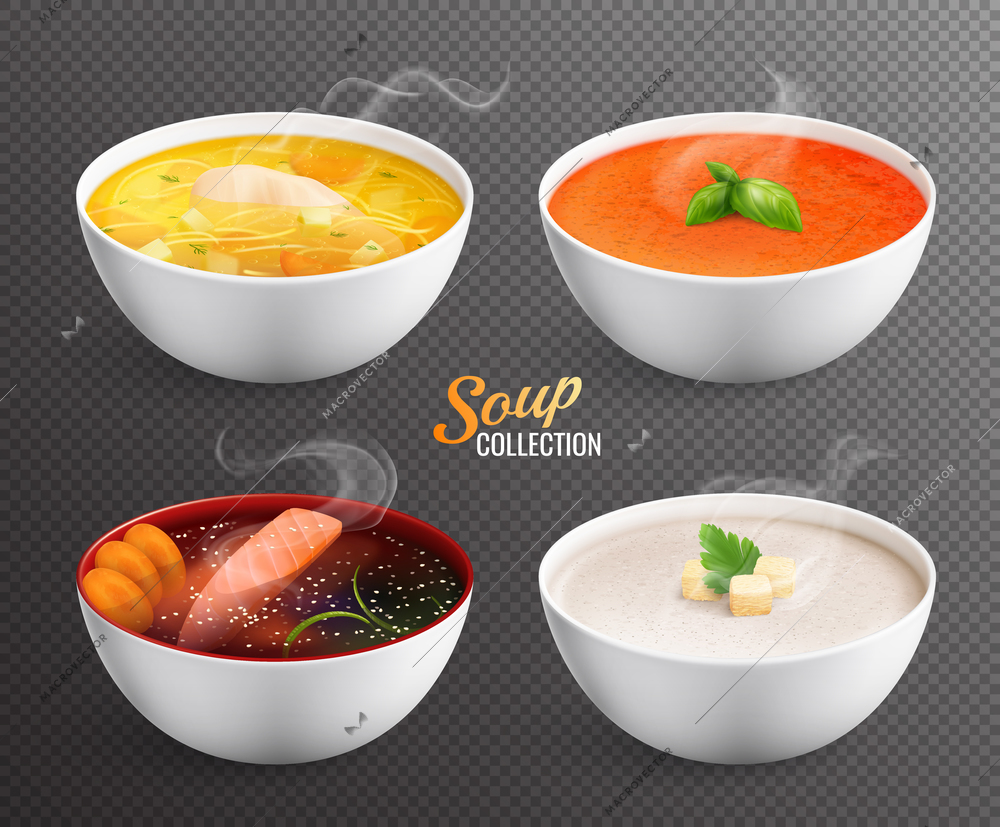 Collection of four bowls with hot soup and soup puree with greenery rusks and decorations isolated vector illustration