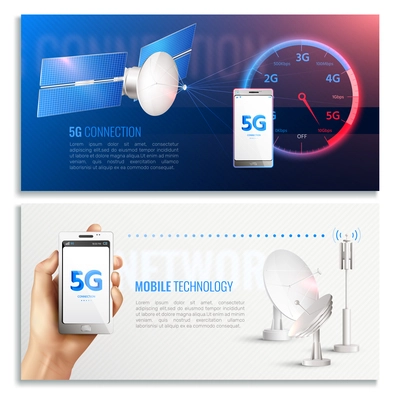 Mobile technology horizontal banners with realistic icons illustrated broadband internet connection of 5g standard vector illustration