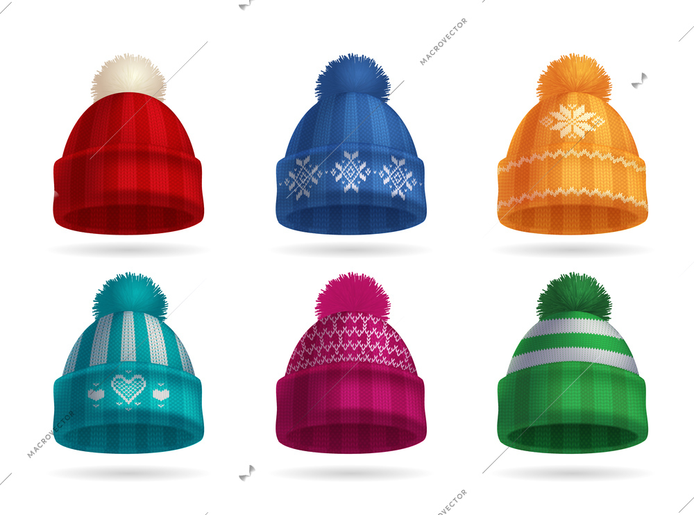 Winter knitted hat realistic set with hat and gloves isolated vector illustration