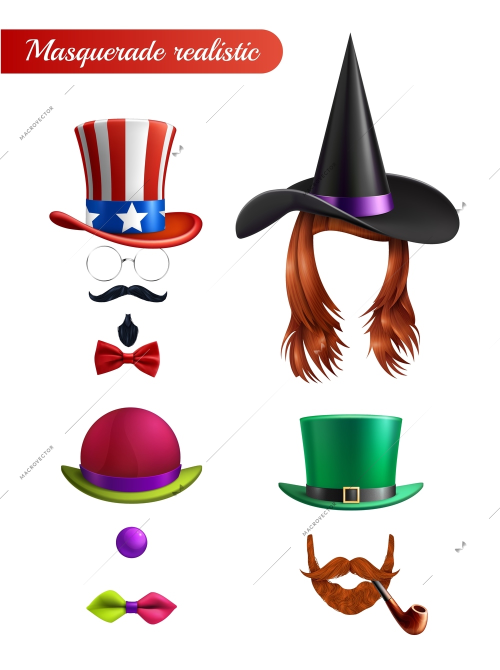 Masquerade set on white background with wig mustache beard tube tie butterfly bowler and saint patrick hats vector illustration