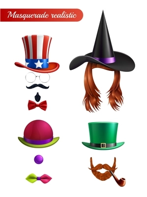 Masquerade set on white background with wig mustache beard tube tie butterfly bowler and saint patrick hats vector illustration