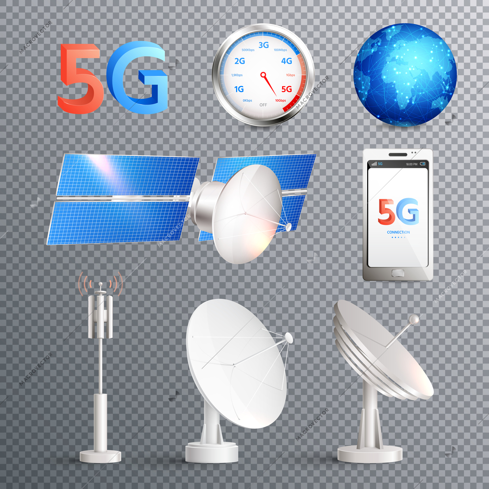 Modern mobile internet technology transparent set of isolated elements promoting signal transmission of 5g standard realistic vector illustration