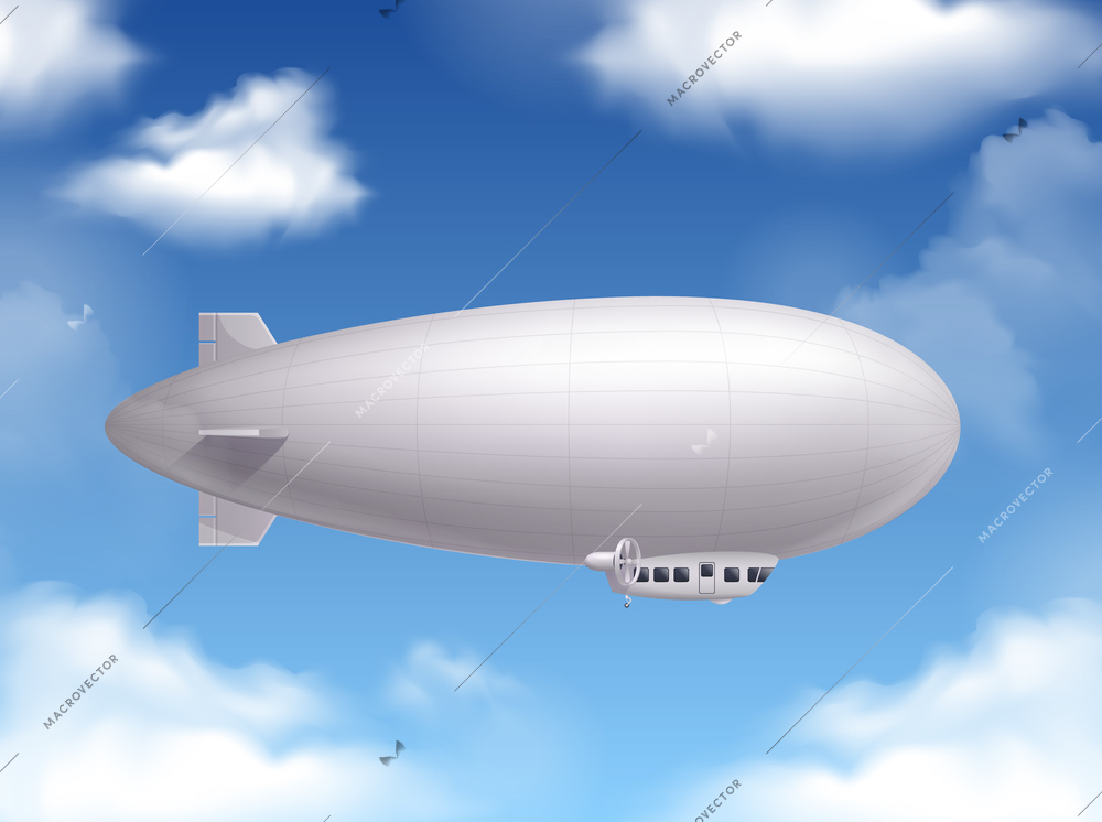 Dirigible in the sky realistic background  with air transport symbols vector illustration