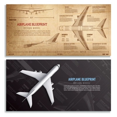 Airplane blueprint two horizontal banners with dimensioned drawing of passenger aircraft realistic vector illustration