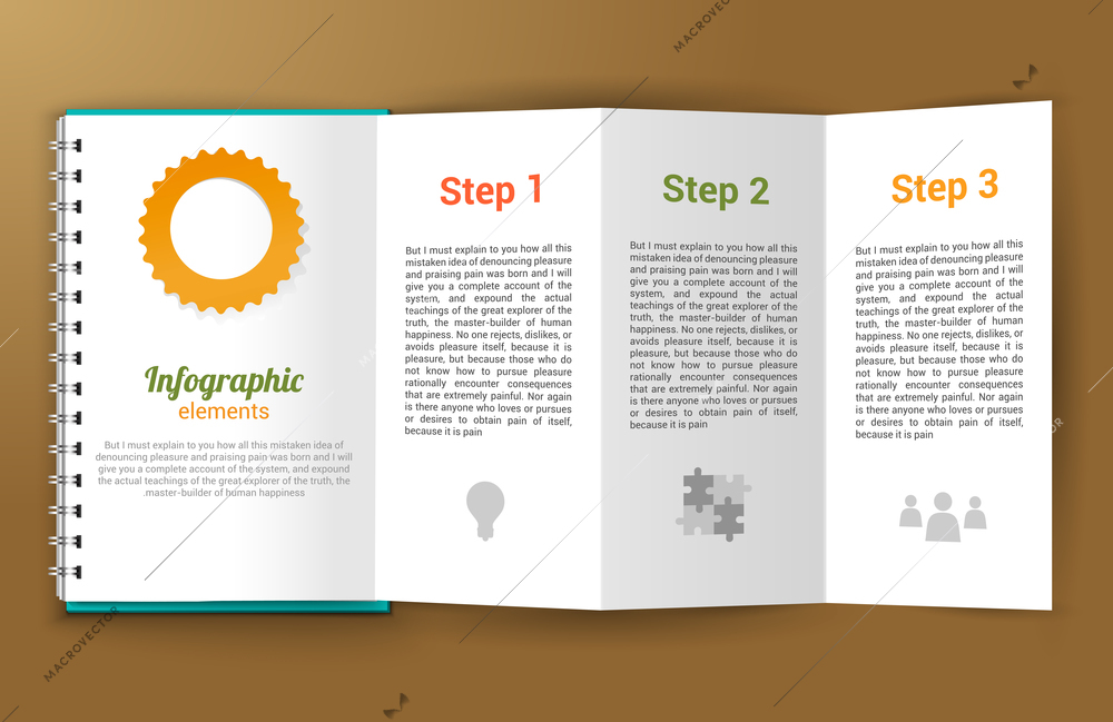 Unfolded paper notepad with infographic steps elements vector illustration