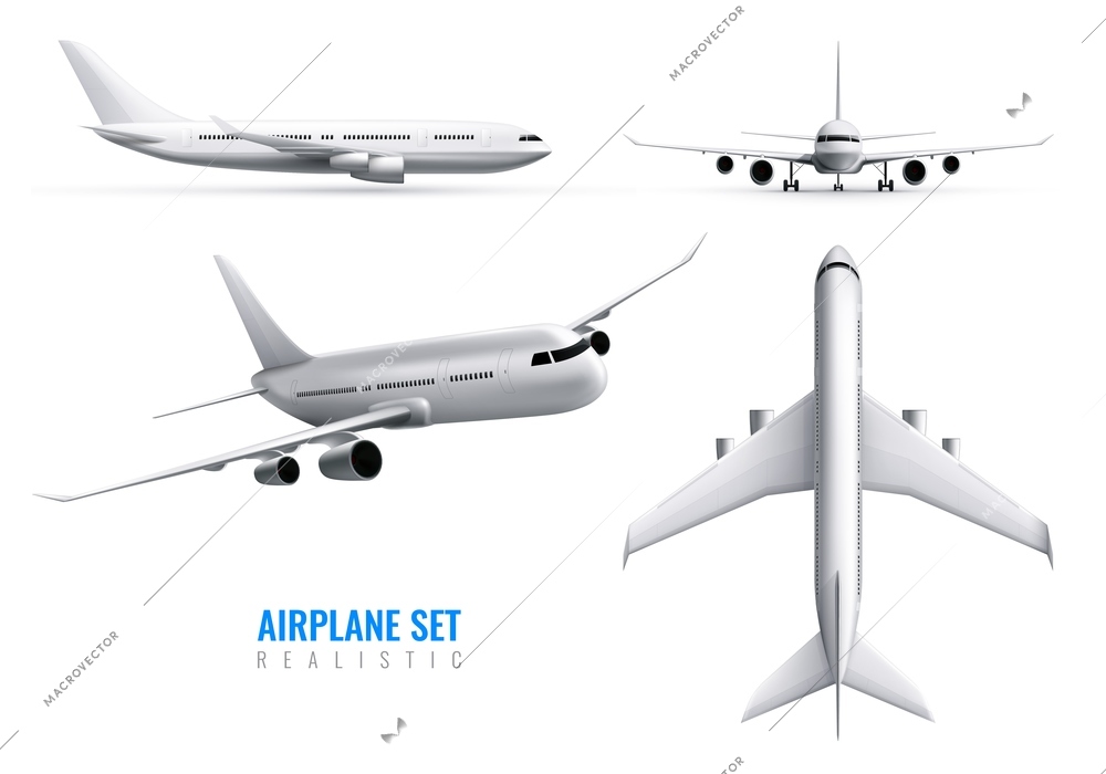 Civil aircraft realistic identity set of white airplane in top side and front views isolated vector illustration