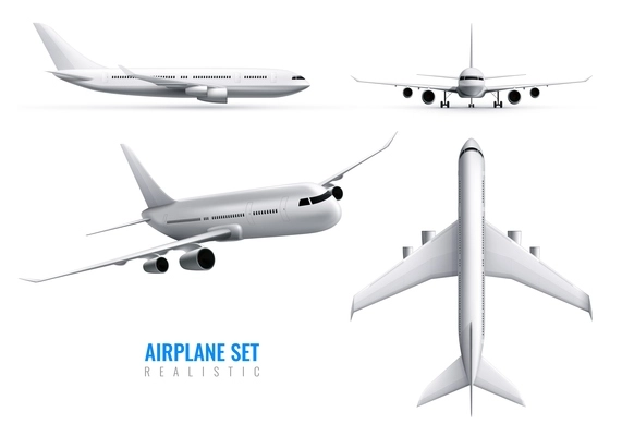 Civil aircraft realistic identity set of white airplane in top side and front views isolated vector illustration