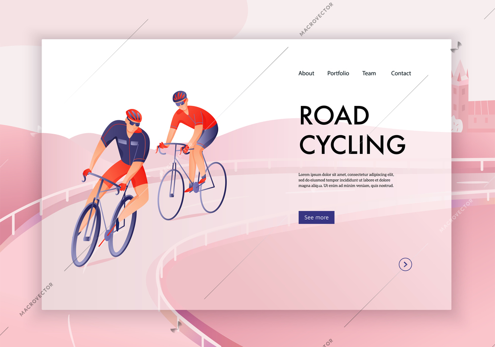 Bicyclists in helmets during road cycling tour concept of web banner vector illustration