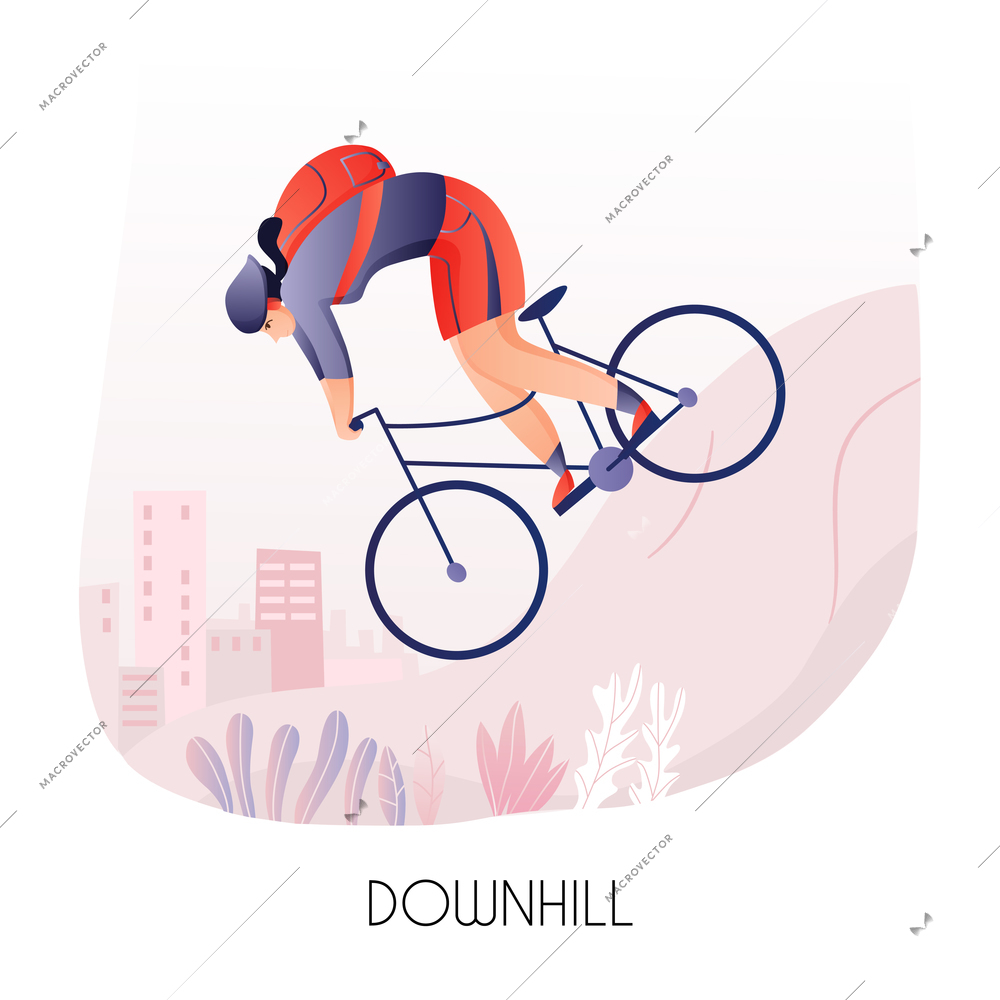 Young man with back pack during cycling ride down hill on city background vector illustration