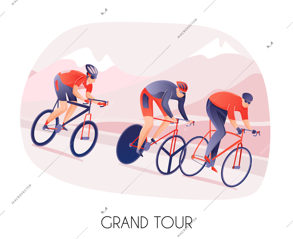 Athletes men in sports wear on bikes during cycling tour on mountains background vector illustration