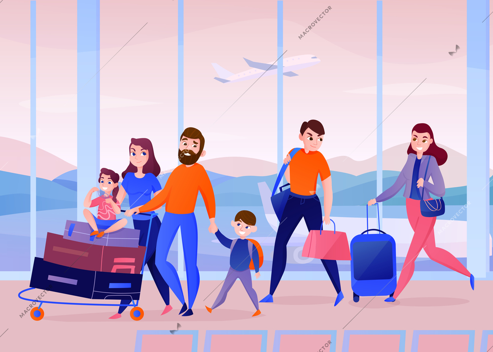 Travelers with luggage inside air port building on background of window with flying plane vector illustration