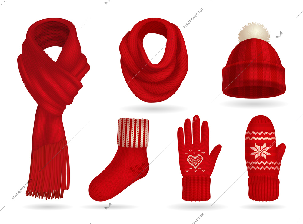 Winter red knitted clothes realistic set with mittens and scarf isolated vector illustration