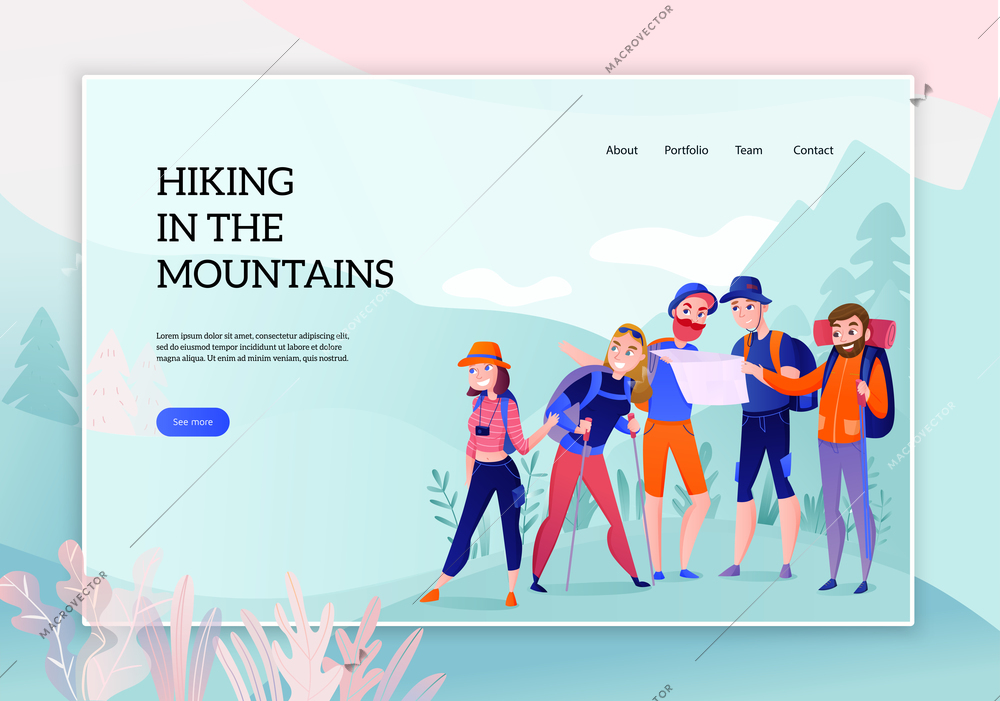 Group of travelers during hiking in mountains concept of web banner on nature background vector illustration