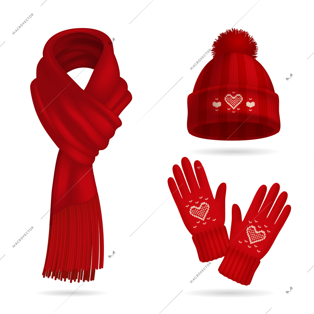 Winter red knitwear realistic set with hat and gloves isolated vector illustration