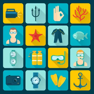 Diving scuba icons set of adventure sport activity isolated vector illustration