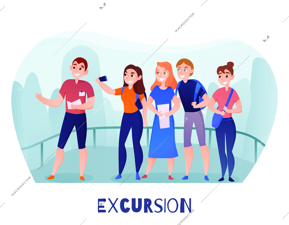 Group of travelers and guide on viewing platform during excursion outdoor in summer vector illustration